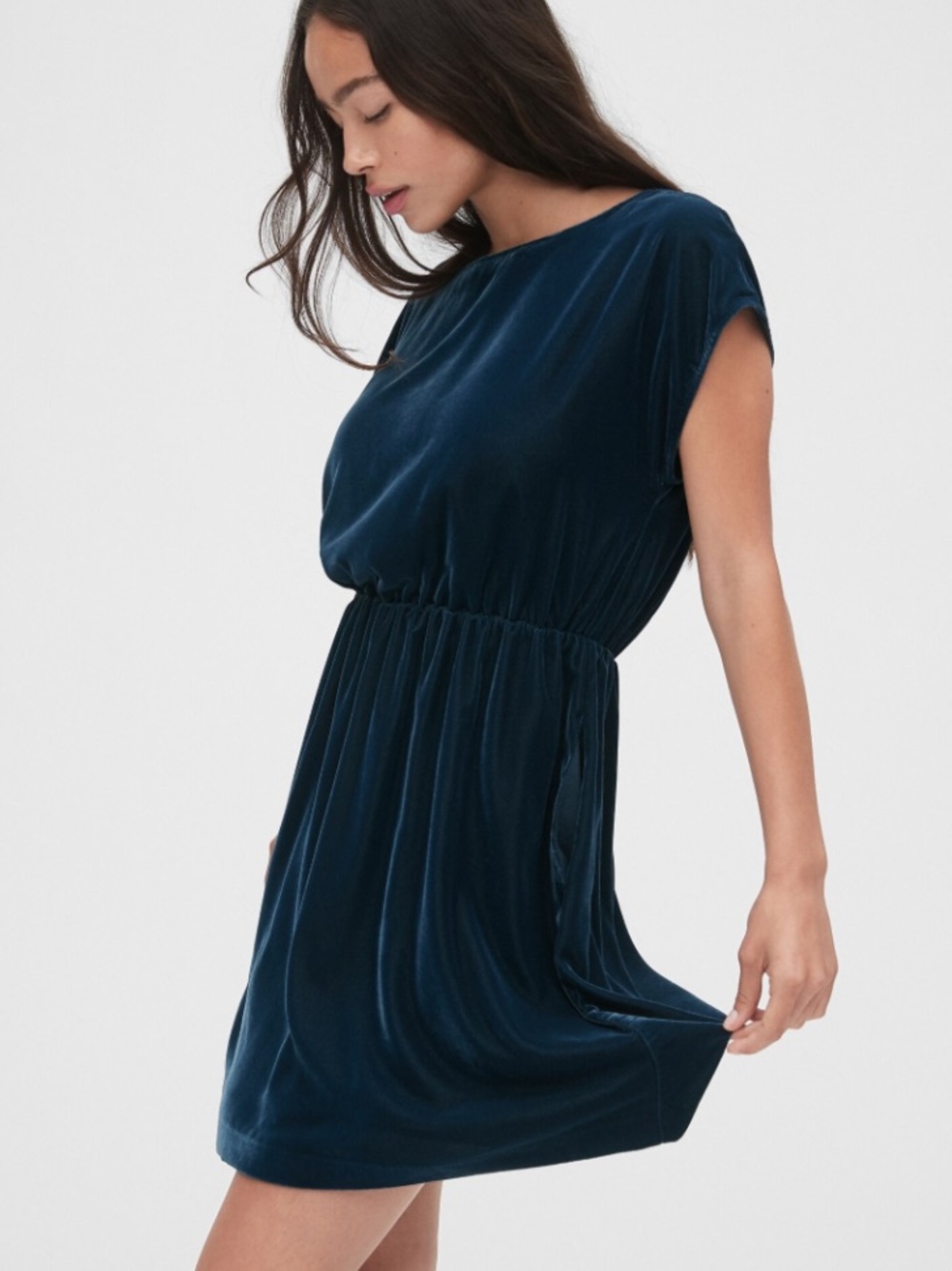 GAP Deep Blue Velvet Short Sleeve Gathered Waist Dress